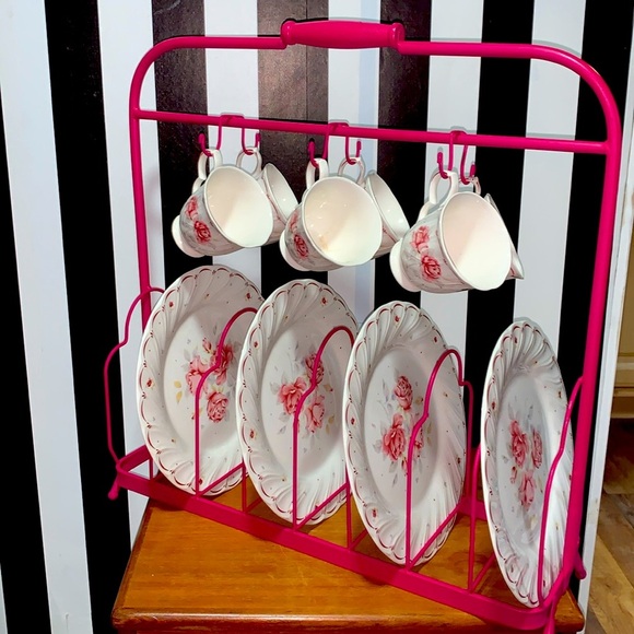 Vintage Other - 16 PC Vintage Dinner Plate /Mugs/Saucers Roses Floral & a Hot Pink Display Rack